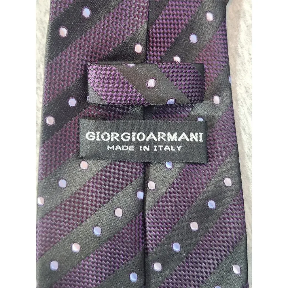 Giorgio Armani 100% Silk Tie Purple Black Striped Polka Dot‎ Made in Italy